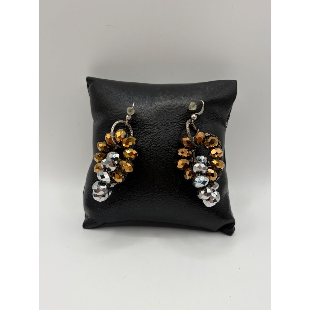 Bronze and Silver Beaded Cluster Drop Earrings Metallic Faceted Dangle